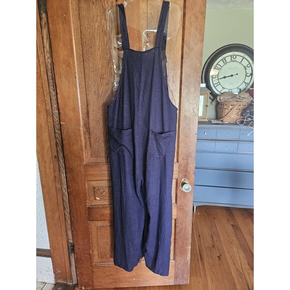 Navy Overalls Romper Jumpsuit Wide Leg 20% Linen Pockets Comfy Women's XL - Picture 2 of 7